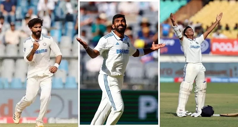 Jasprit Bumrah, Ravindra Jadeja and Yashasvi Jaiswal